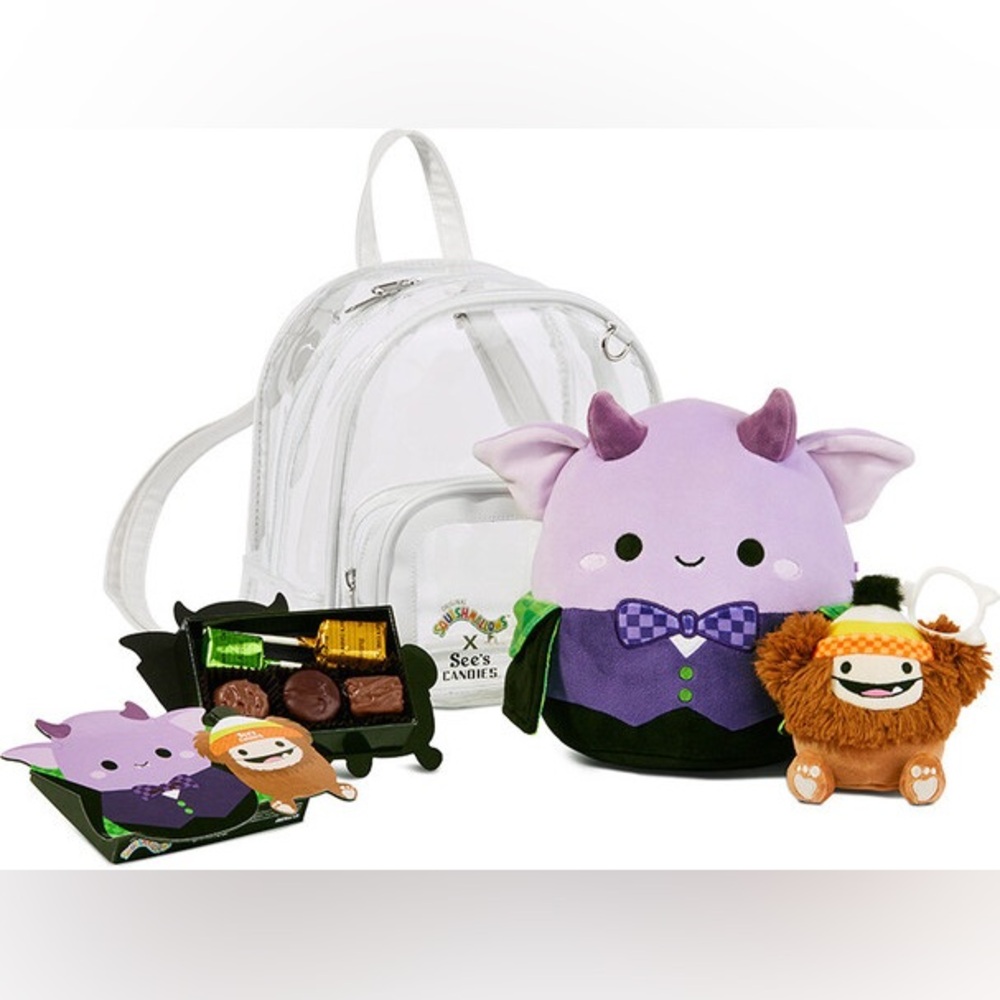 Squishmallows X Sees Candies Clear Backpack, Monster plush and plush bag charm